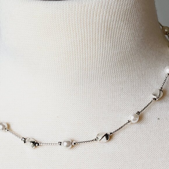 Silver Tone & Faux Pearl Choker Station Necklace Snake Chain 16" - Picture 7 of 9